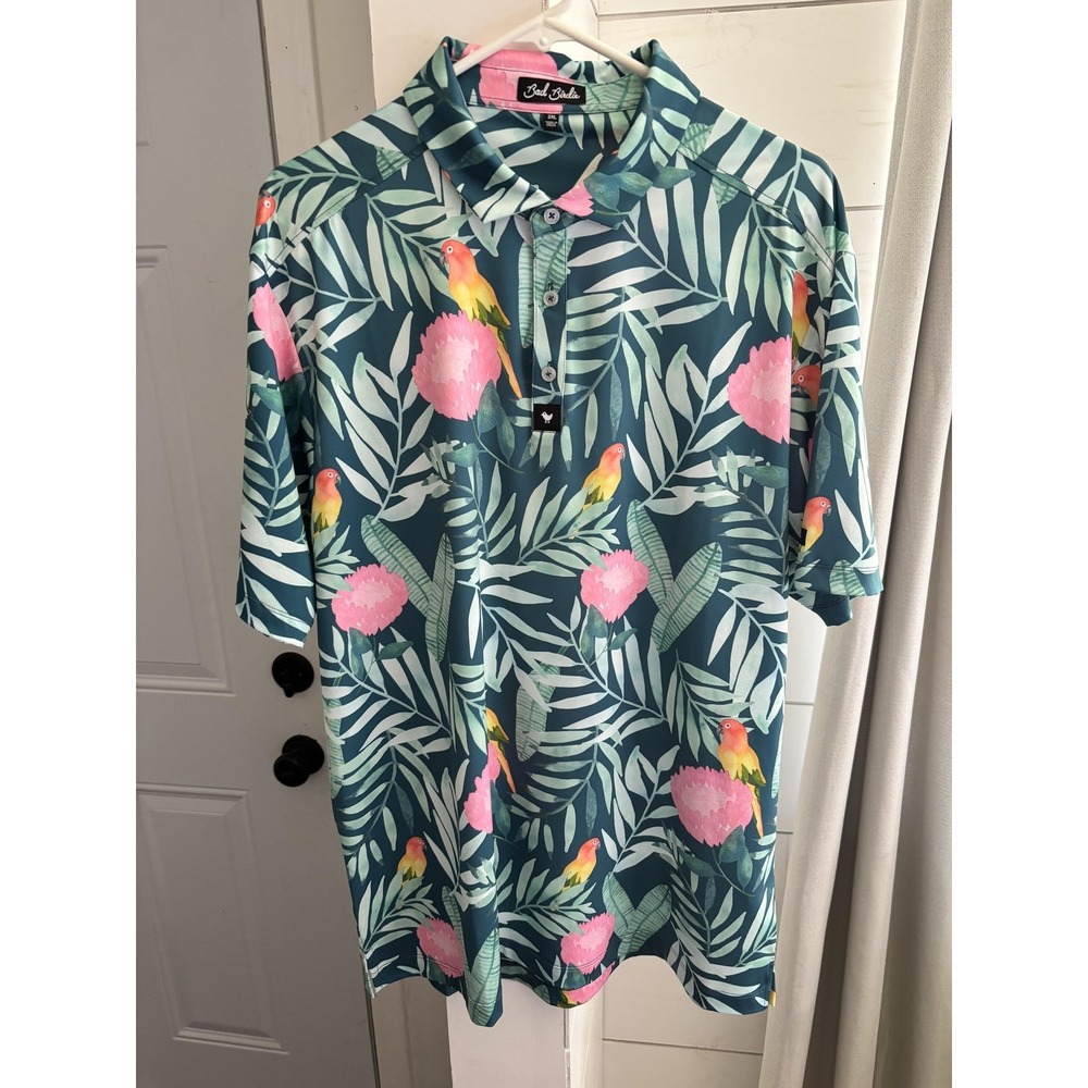Bad Birdie Tropical Parrot Floral Golf Polo Shirt‎ Mens 2XL Multicolor Stretch